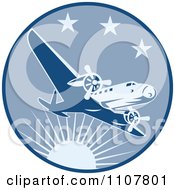 Clipart Retro Airplane Flying In A Blue Circle With Sun And Stars Royalty Free Vector Illustration