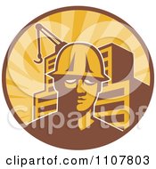 Clipart Retro Construction Worker Man In A Hardhat In A Circle With Rays A Building And Crane Royalty Free Vector Illustration by patrimonio