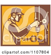Poster, Art Print Of Retro Factory Worker Operating A Drill Press In Yellow And Brown
