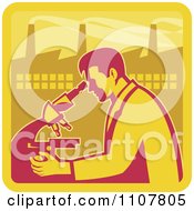 Poster, Art Print Of Retro Male Scientist Looking Into A Microscope With A Factory In The Background