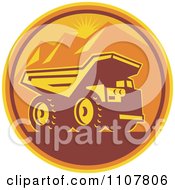 Retro Mining Dump Truck In A Circle Of Mountains And An Orange Sunset