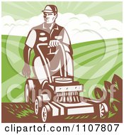 Poster, Art Print Of Retro Landscaper Man Pushing A Lawn Mower