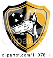 Poster, Art Print Of Doberman Guard Dog Head With Stars On A Black And Yellow Shield