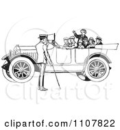 Family In A Retro Black And White Vintage Convertible Car