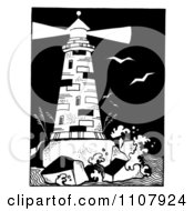 Poster, Art Print Of Black And White Lighthouse With A Shining Beacon On A Rocky Island