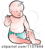 Clipart White Baby Sitting Up And Waving Royalty Free Vector Illustration