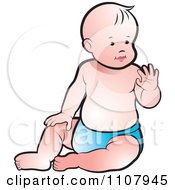 Clipart Caucasian Baby Sitting Up And Waving Royalty Free Vector Illustration