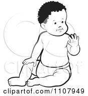 Clipart Outlined Black Baby Boy Sitting Up And Waving Royalty Free Vector Illustration