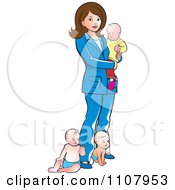 Poster, Art Print Of Brunette Mother With Three Babies