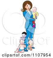 Poster, Art Print Of Brunette Mother With Four Babies