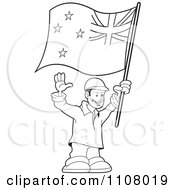Outlined Happy Man Holding A New Zealand Flag