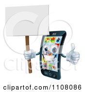 3d Happy Silver Touch Screen Smart Cell Phone Holding A Thumb Up And Sign