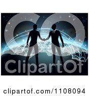Clipart Silhouetted Businessmen Shaking Hands On Earth With Blue Glowing Routes Royalty Free Vector Illustration