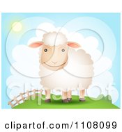 Poster, Art Print Of Happy Sheep On A Hill Near A Fence On A Sunny Day