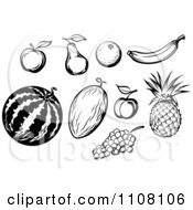 Clipart Black And White Apple Pear Orange Banana Pineapple Peach Grapes And Melons Royalty Free Vector Illustration by Vector Tradition SM