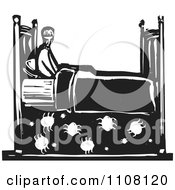 Clipart Man Sitting Up With Bedbugs Under His Matress Black And White Woodcut Royalty Free Vector Illustration