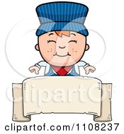 Poster, Art Print Of Happy Red Haired Train Engineer Boy Over A Blank Banner