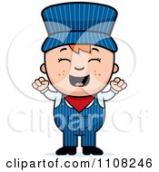 Poster, Art Print Of Happy Red Haired Train Engineer Boy Cheering