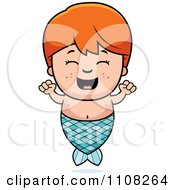 Poster, Art Print Of Happy Red Haired Mermaid Boy Cheering