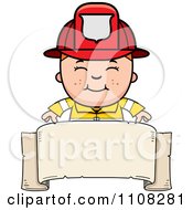 Poster, Art Print Of Happy Fire Fighter Boy Over A Blank Banner
