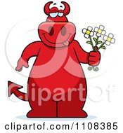 Poster, Art Print Of Big Red Devil Holding Flowers