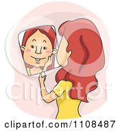Poster, Art Print Of Red Haired Woman Blushing And Looking In A Mirror Over Pink