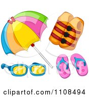Poster, Art Print Of Summer Beach Umbrella Life Jacket Flip Flops And Sunglasses
