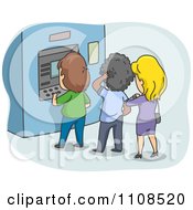 Line Of People At A Bank Atm Machine Over Blue
