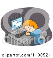 Poster, Art Print Of Tired Man Sleeping At His Computer Desk Over Gray