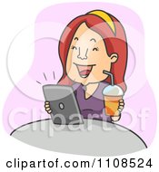Clipart Woman Holding A Soda And Laughing While Using A Tablet Computer Over Purple Royalty Free Vector Illustration by BNP Design Studio