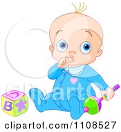Baby Boy Sucking His Thumb And Playing With A Rattle And Toy Block