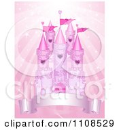 Poster, Art Print Of Pink Fairy Tale Castle With Turrets And A Banner Over Sparkling Rays