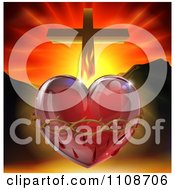 3d Sacred Heart With Fire Thorns Mountains And A Cross