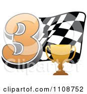 Poster, Art Print Of Gold Trophy Cup Number 3 And Checkered Motor Sports Racing Flag