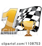 Poster, Art Print Of Gold Trophy Cup Number 1 And Checkered Motor Sports Racing Flag