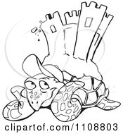 Poster, Art Print Of Black And White Outlined Sea Turtle With A Sand Castle On His Back