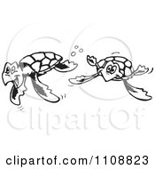 Poster, Art Print Of Black And White Outlined Swimming Sea Turtles