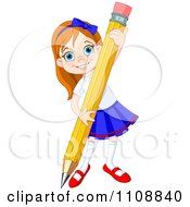Poster, Art Print Of Happy School Girl Writing With A Giant Pencil