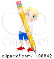 Poster, Art Print Of Happy School Boy Writing With A Giant Pencil