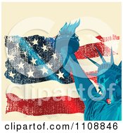 Poster, Art Print Of Statue Of Liberty And Torch Over A Grungy American Flag On Beige