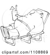 Clipart Outlined Chubby Man Sun Bathing And Holding A Beverage Royalty Free Vector Illustration by djart