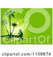 Poster, Art Print Of Silhouetted Woman Crouching On A Tropical Island Against Green And Magic Orbs