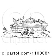 Black And White Picnic Scene With A Pie On A Bench And Food On A Blanket