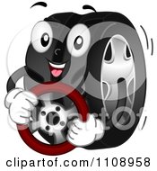 Happy Automotive Tire Mascot Holding A Steering Wheel