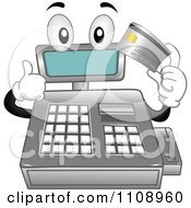 Clipart Cash Register Mascot Holding A Credit Card Royalty Free Vector Illustration
