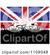 Cheering Silhouetted Crowd With Banners And Flags Against A Union Jack Banner With Stars