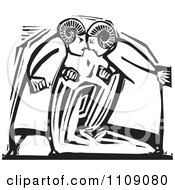 Two Ram Headed Men Butting Heads Black And White Woodcut