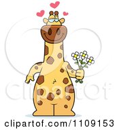 Amorous Giraffe Holding Flowers