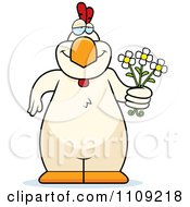 Clipart White Chicken Holding Flowers Royalty Free Vector Illustration