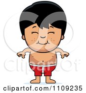 Happy Asian Boy In Swim Trunks